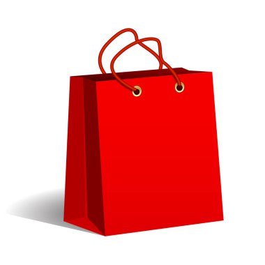 Kırmızı kağıt alışveriş çantası. Ambalaj deposundan malların. Alışveriş ve satış. Vektör görüntü.