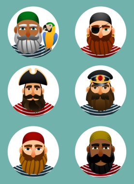 Korsanlar avatar koleksiyonu. Portreler, denizcilerin yuvarlak şekil kümesi.