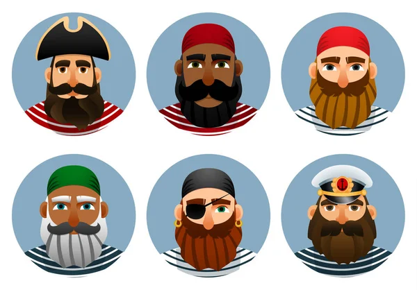 Coleção de avatares piratas. Conjunto de retratos de marinheiros em forma redonda . — Vetor de Stock
