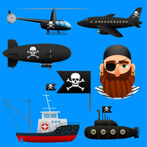 Collection of pirate transport, set of aircraft and boats with pirate symbols. — Stock Vector