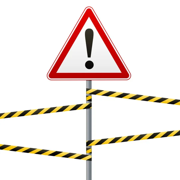 Precaución - peligro Advertencia señal de seguridad. Un triángulo rojo con imagen negra. En el poste y protegiendo cintas. Vector  . — Archivo Imágenes Vectoriales