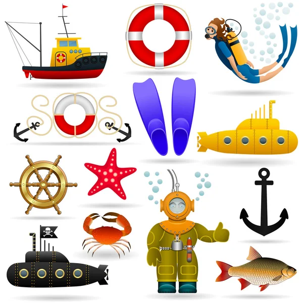 Conjunto marinho de objetos e caracteres. Animais marinhos, transporte de água, equipamentos e pessoas debaixo d 'água. Vetor  . — Vetor de Stock