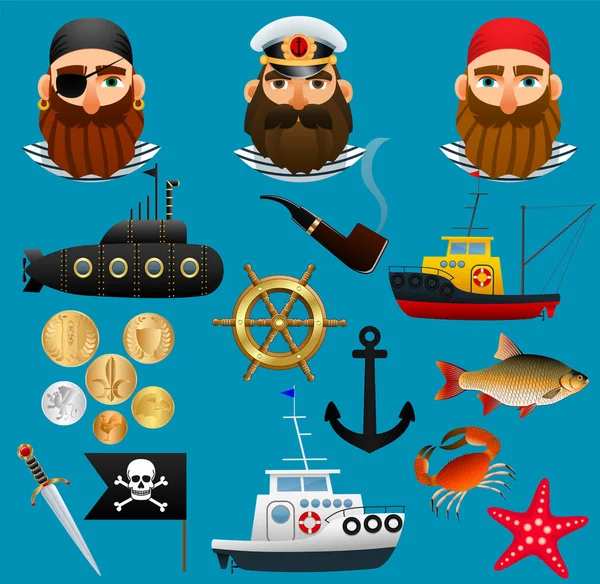 Pirata, capitão do mar e pescador. Retratos de pessoas de profissões marítimas, seus navios e coisas. Conjunto de objetos tema náutico. Vetor — Vetor de Stock