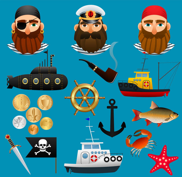 Pirate, sea captain and fisherman. Portraits of people of sea professions, their ships and things. Set of objects nautical theme. Vector