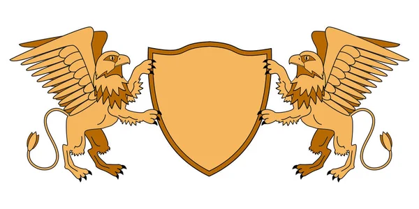 Griffin egy pajzs holding. Mitológiai állatok emblémáját. Középkori téma. Heraldika. Vektor illusztrációk. — Stock Vector