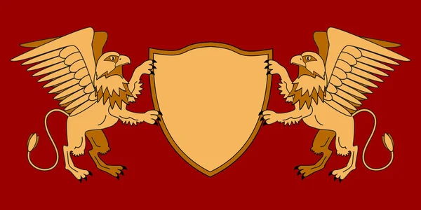 Griffins håller en sköld. Emblem med mytologiska djur. Medeltida tema. Heraldik. Vektor illustrationer. — Stock vektor