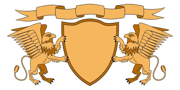 Greife, die ein Schild halten. Schild mit Schleife. Heraldik. mittelalterliches Emblem. Vektorillustrationen — Stockvektor