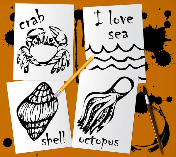 Desenhos gráficos de animais marinhos feitos com rímel preto em papel branco. Lápis, pincel e manchas de tinta na mesa. Desenho e criatividade sobre o tema do mar. Ilustrações vetoriais . — Vetor de Stock