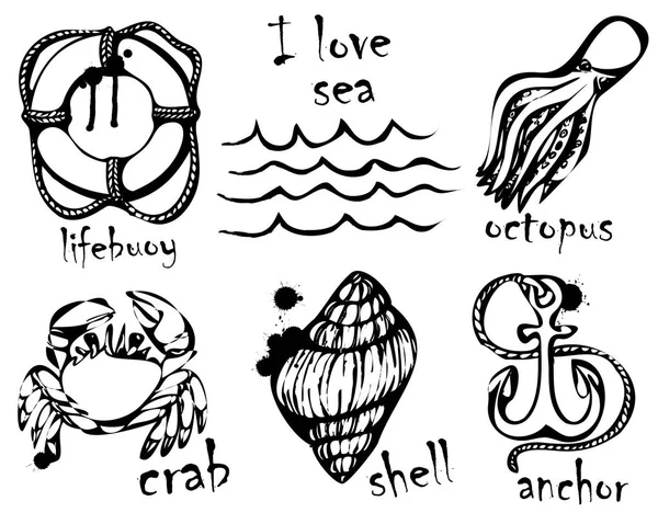 Desenhos gráficos de animais marinhos. Imitação de desenhos gráficos a tinta. Desenho e criatividade sobre o tema do mar. Ilustrações vetoriais . — Vetor de Stock