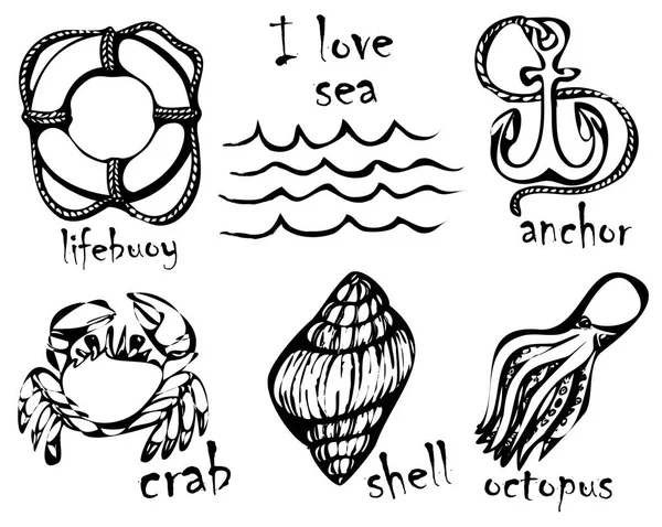 Desenhos gráficos de animais marinhos. Imitação de desenhos gráficos a tinta. Desenho e criatividade sobre o tema do mar. Ilustrações vetoriais . — Vetor de Stock