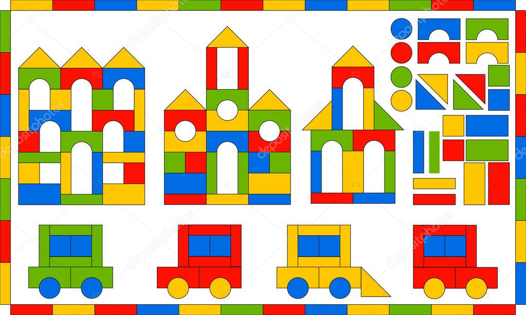 Children s Designer. Multicolored building kit. Developing game for children. Buildings and vehicles from simple blocks. Flat bright set of parts and finished products.