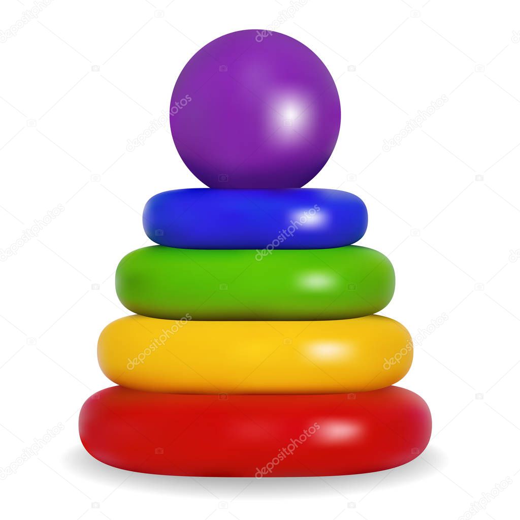 Pyramid. Developing game for children. Bright colored plastic toy. Isolated object. Vector