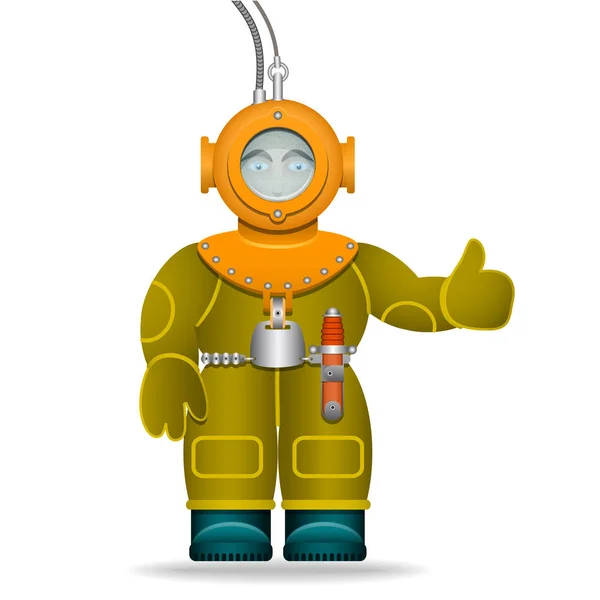 Un hombre con un viejo traje de buceo. Casco submarino. Objeto aislado. Personaje de dibujos animados. Imagen vectorial . — Vector de stock