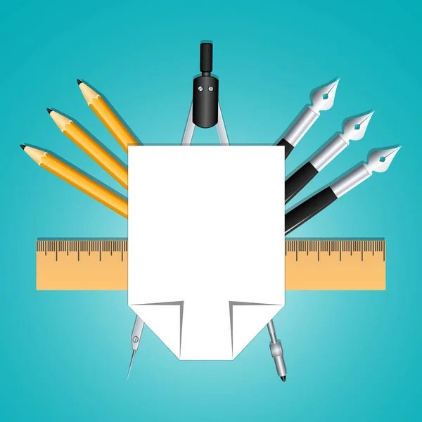 Set voor educatieve decoratie tools. Vellen papier, potloden, pennen, liniaal en kompas. Ontworpen als heraldiek voor studenten en docenten. Onderwijs en creativiteit. Vector Image. — Stockvector