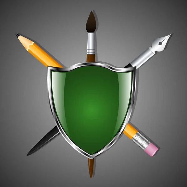Schild met een potlood, art pen en penseel. Heraldiek voor leren en creativiteit. Vector Image. — Stockvector