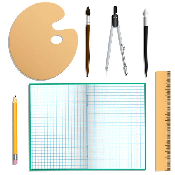 Set van briefpapier voor school en creatief werk. Geïsoleerde objecten. Witte achtergrond. Vectorillustraties. — Stockvector
