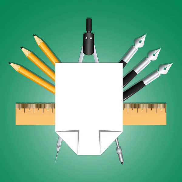 Set voor educatieve decoratie tools. Vellen papier, potloden, pennen, liniaal en kompas. Ontworpen als heraldiek voor studenten en docenten. Onderwijs en creativiteit. Vector Image. — Stockvector