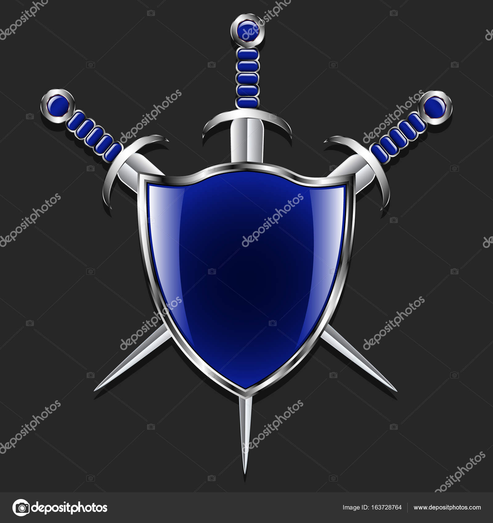 칼과 방패. 금속 방패 그리고 3 개의 칼입니다. 파란색 상자 및 트리밍 손잡이입니다. 회색 배경. 스톡 벡터 -  ©alekseynikolayew.gmail.com 163728764, image size:963x1024