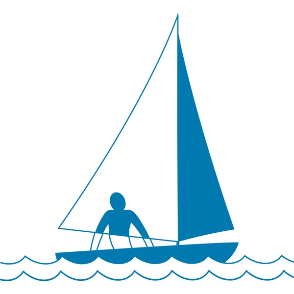 Small sailing boat. Sloop. Ship coming through waves under sail. Man on board. Vector illustrations — Stock Vector
