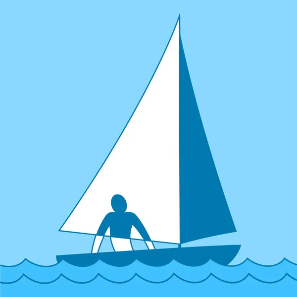 Small sailing boat. Sloop. Ship coming through waves under sail. Man on board. Vector illustrations — Stock Vector