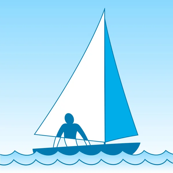Small sailing boat. Sloop. Ship coming through waves under sail. Man on board. Vector illustrations — Stock Vector