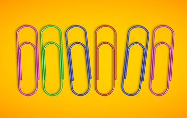 Multicolored paper clips on yellow background. Vector illustrations clipart