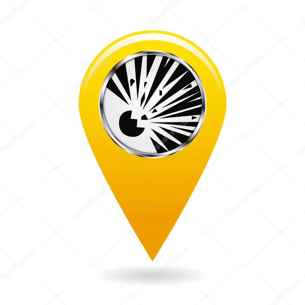 Map pointer. Index blasting and explosion hazard areas on the map. Safety symbol. Yellow object on a white background. Vector illustration.