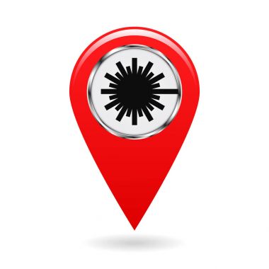 Harita işaretçi. Güvenlik sembolü. Bölgeleri lazer radyasyon ile dizin. Konum ve harita arazi üzerinde koordinatları belirtin. Endüstriyel tasarım. Beyaz zemin üzerine kırmızı nesne. Vektör çizim.