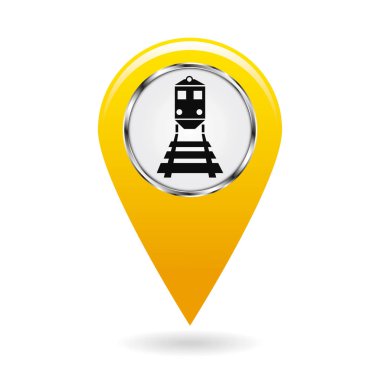 Harita işaretçi. Demiryolu trafiği dizin. Treni ve lokomotif. Basmak veya çarpışma riski. Güvenlik sembolü. Beyaz zemin üzerine sarı nesne. Vektör çizim.