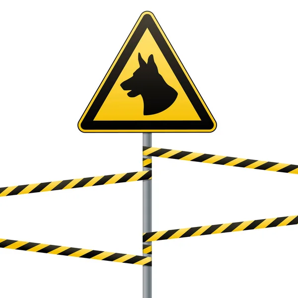Precaución - peligro Tenga en cuenta los perros La zona está vigilada por los perros. Señal de advertencia de seguridad. La señal en el poste y las bandas de advertencia. Fondo blanco. Ilustración vectorial . — Archivo Imágenes Vectoriales