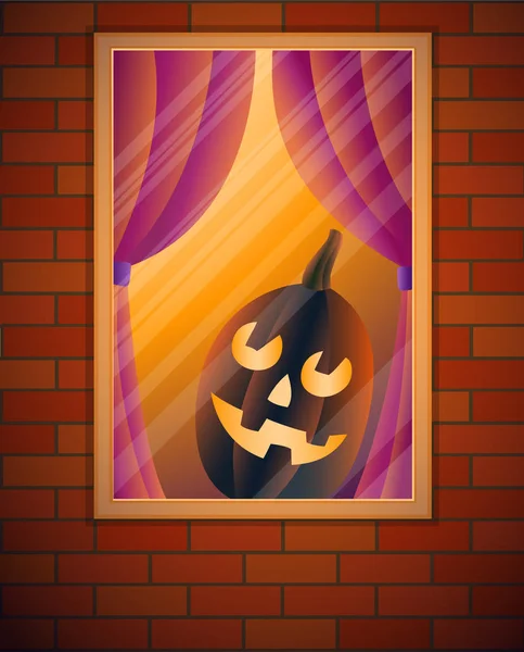 Zucca di Halloween in finestra. Illustrazione vettoriale . — Vettoriale Stock