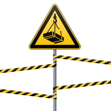Caution - danger May fall from the height of the load. Safety sign. The triangular sign on a metal pole with warning bands. Light background. Vector illustration. clipart
