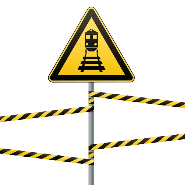 Caution - danger Warning sign safety. Beware of the train. A yellow triangle with a black image. The sign on the pole and protecting ribbons. Vector Image. — Stock Vector