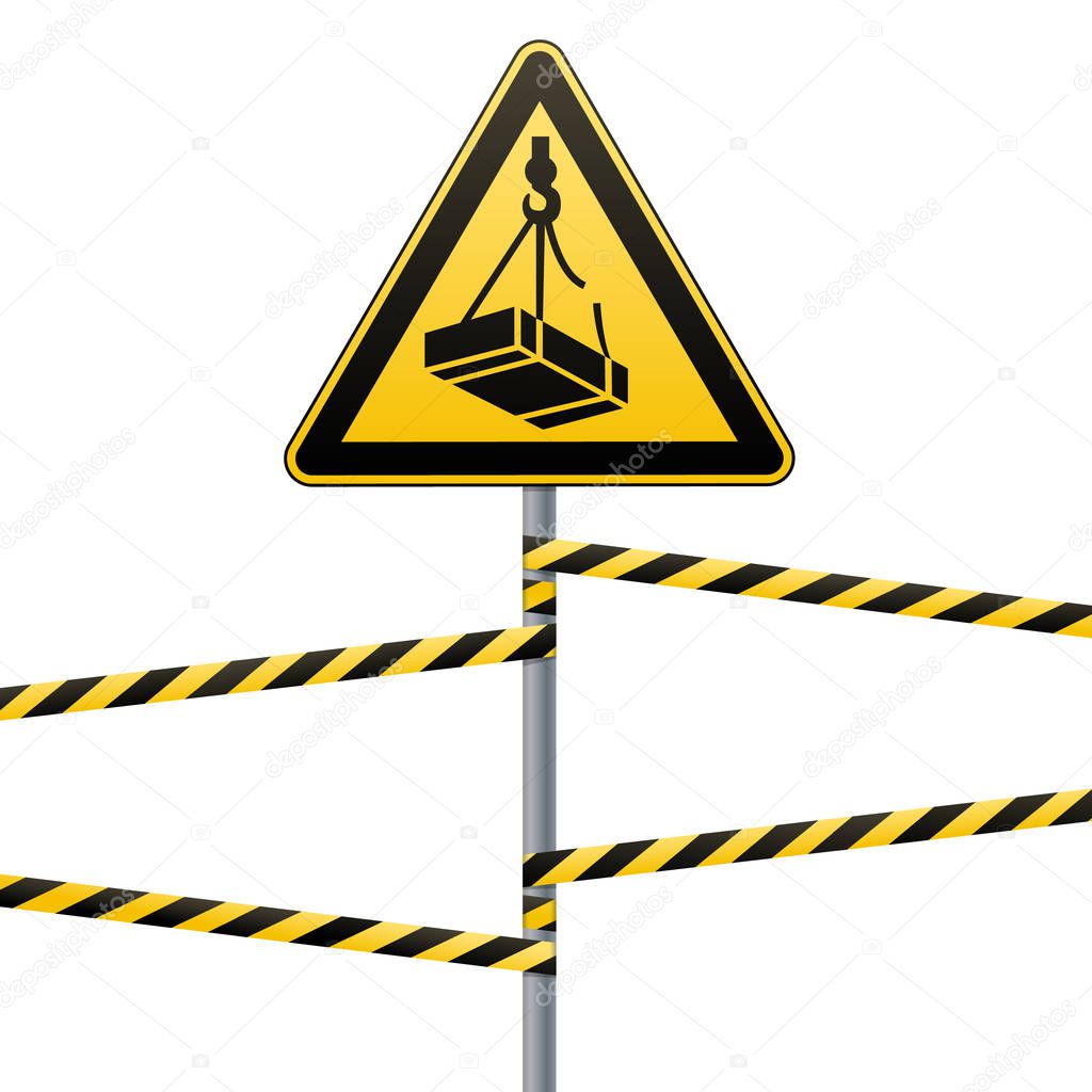 Caution - danger May fall from the height of the load. Safety sign. The triangular sign on a metal pole with warning bands. Light background. Vector illustration.