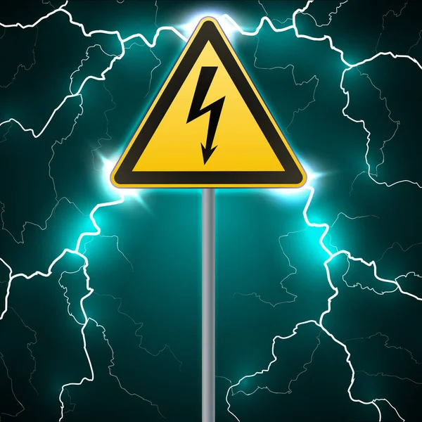 Waarschuwingsbord. Elektrische gevaren. Omheind gevarenzone. pijler met teken. Lightning strikes. Flash vonken. Fantastische achtergrond. Vectorillustraties — Stockvector