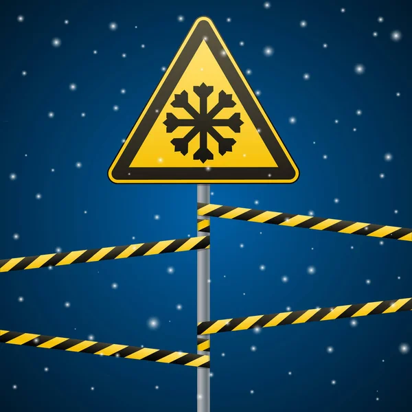 Carefully cold. Warning sign safety. pillar with sign and warning bands. Vector Image. — Stock Vector