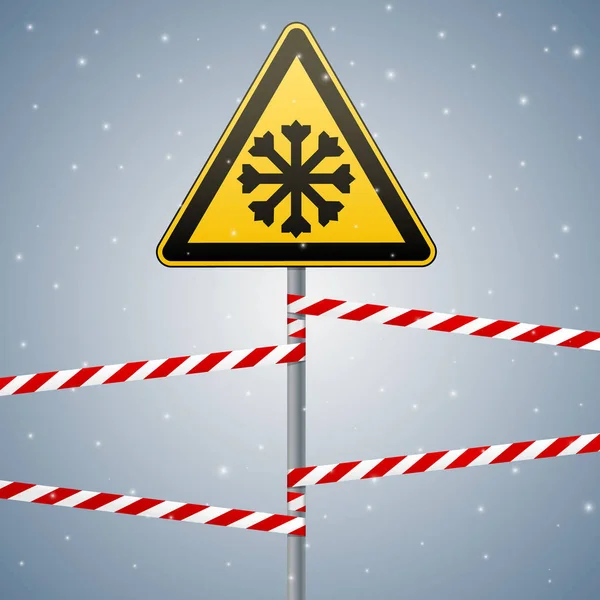 Carefully cold. Warning sign safety. pillar with sign and warning bands. Vector Image. — Stock Vector