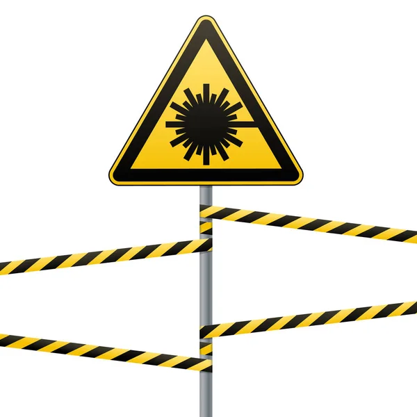 Vorsicht - Gefahrenwarnzeichen Sicherheit. Gefahr, Laserstrahlung. gelbes Dreieck mit schwarzem Bild. Zeichen auf Pfahl und Schutzbändern. Vektorbild. — Stockvektor