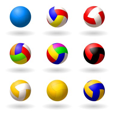 Voleybol topu. Voleybol, pioneball, hentbol için çok renkli topları kümesi. Spor ve eğlence. Nesneler beyaz arka plan üzerinde. Vektör çizimler