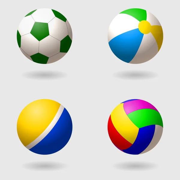 Set of children s balls for different games. Football, volleyball, inflatable beach ball and rubber palatial ball. Isolated objects. Vector illustrations — Stock Vector