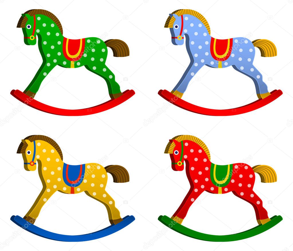 rocking horses set. children s toy. classic wooden swing. vector illustrations