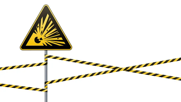 Caution - danger Warning sign safety. Explosive substances. yellow triangle with black image. sign on the pole and protecting ribbons. Vector illustration. — Stock Vector