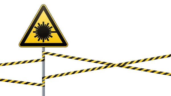 Caution - danger Warning sign safety. Danger, laser radiation. yellow triangle with black image. sign on pole and protecting ribbons. Vector Image. — Stock Vector