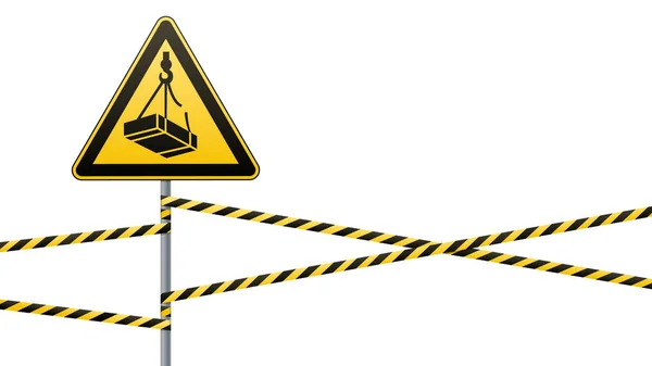 Осторожность - опасность может упасть с высоты нагрузки. Знак безопасности. треугольный знак на металлическом шесте с предупреждающими полосами. Светлый фон. Векторные иллюстрации — стоковый вектор