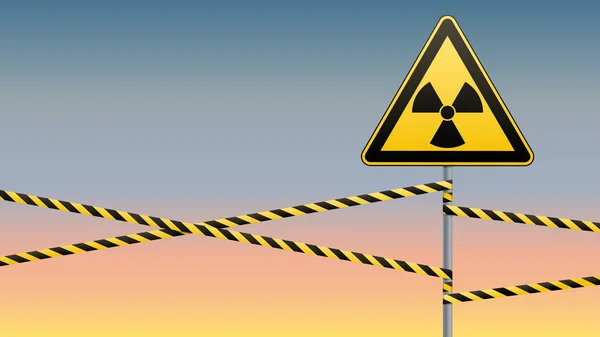 Señal de advertencia en un poste y bandas de advertencia. Signo de riesgos de radiación. ilustraciones vectoriales — Vector de stock