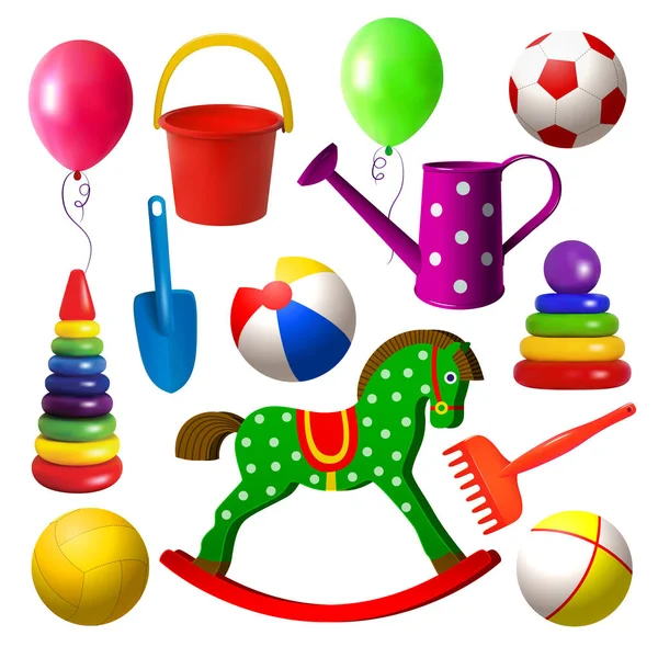 Barneleker. Sett med forskjellige leker til utendørsspill. Ball, bøtte, spade, gyngehest av tre, pyramide, vannkanne. Spill for barn i tidlig barndom. Isolerte objekter. Vektorillustrasjoner – stockvektor