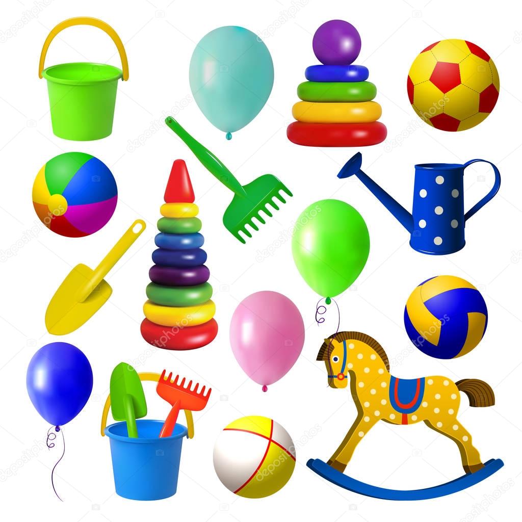 Toys for children. Set toys for sandbox, rocking horse, various balls and balloons. Isolated objects on white background. Vector illustrations