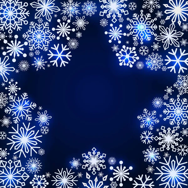 Śnieżynka rama w kształcie gwiazdy. Kompozycja zima. Nowy rok s i Boże Narodzenie. Płatki śniegu o różnych kształtach i rozmiarach. Wektorowa. — Wektor stockowy