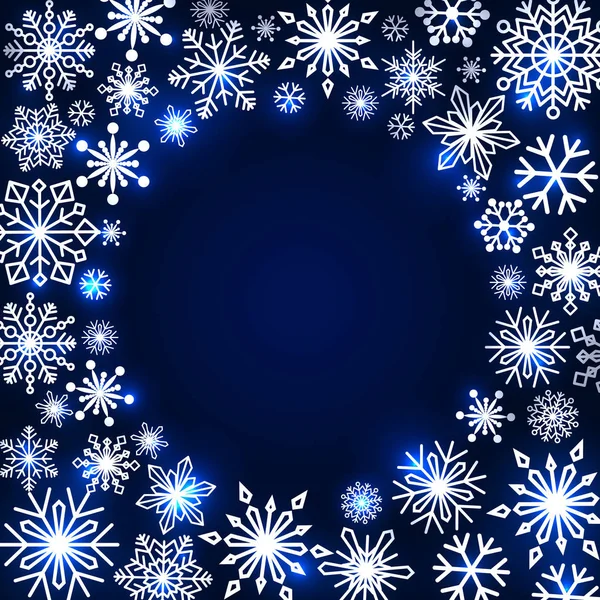 Snowflake frame. Winter theme. New Years and Christmas. Snowflakes of different shapes and sizes. Vector Image. — Stock Vector