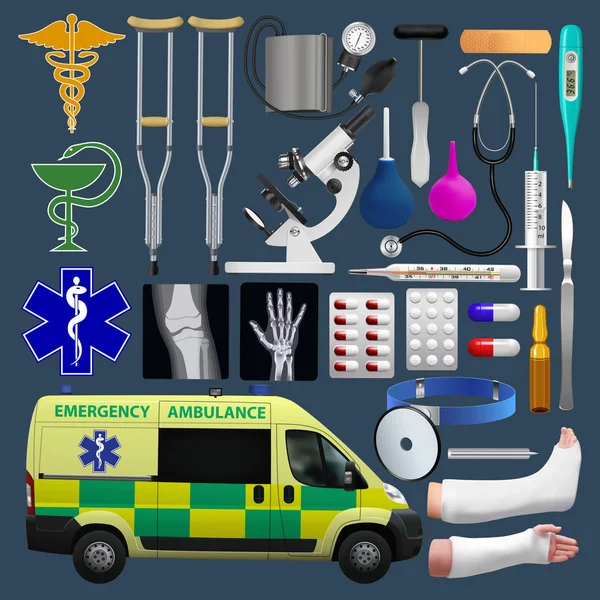 医疗设备一套。Emergensy 救护车，工具，医疗产品。矢量插图. — 图库矢量图片